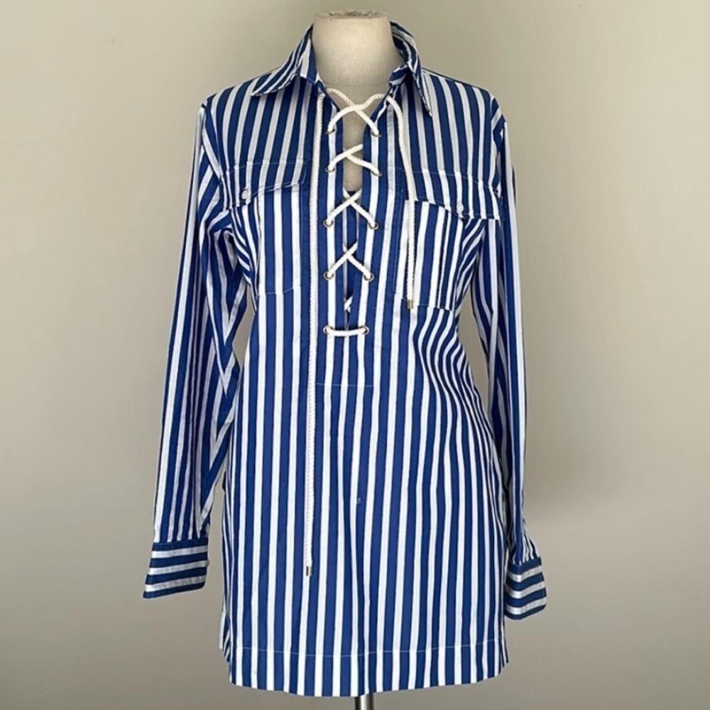 Lauren Ralph Lauren Lace Up NAUTICAL Rope Strip Blue Blouse sz Small P - Picture 3 of 7